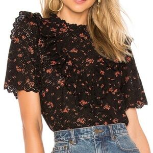 Ulla Johnson Choux Top Black floral ruffle eyelet blouse short sleeve